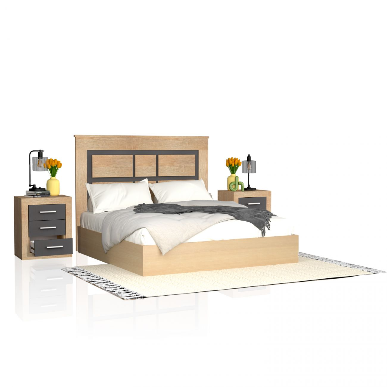 Una cama de madera con mesitas de noche, lámparas y tulipanes sobre fondo blanco.