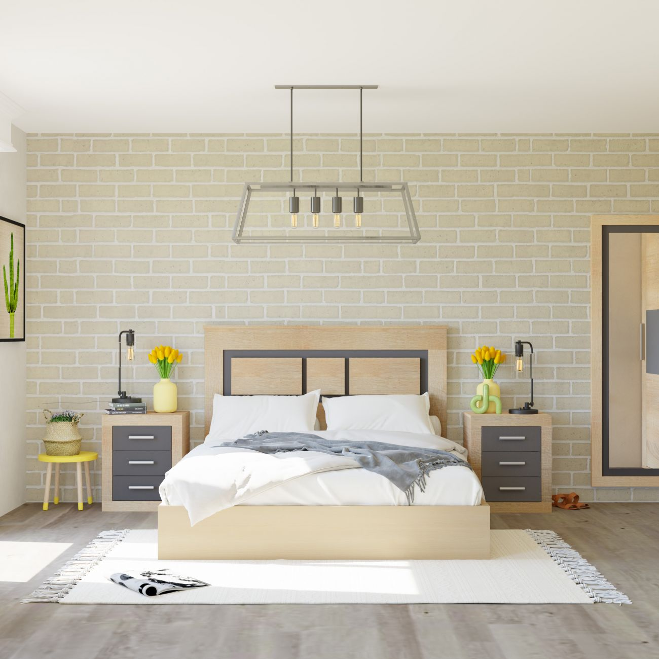 Un dormitorio con cama doble, mesitas de noche y armario. Pared de ladrillo.