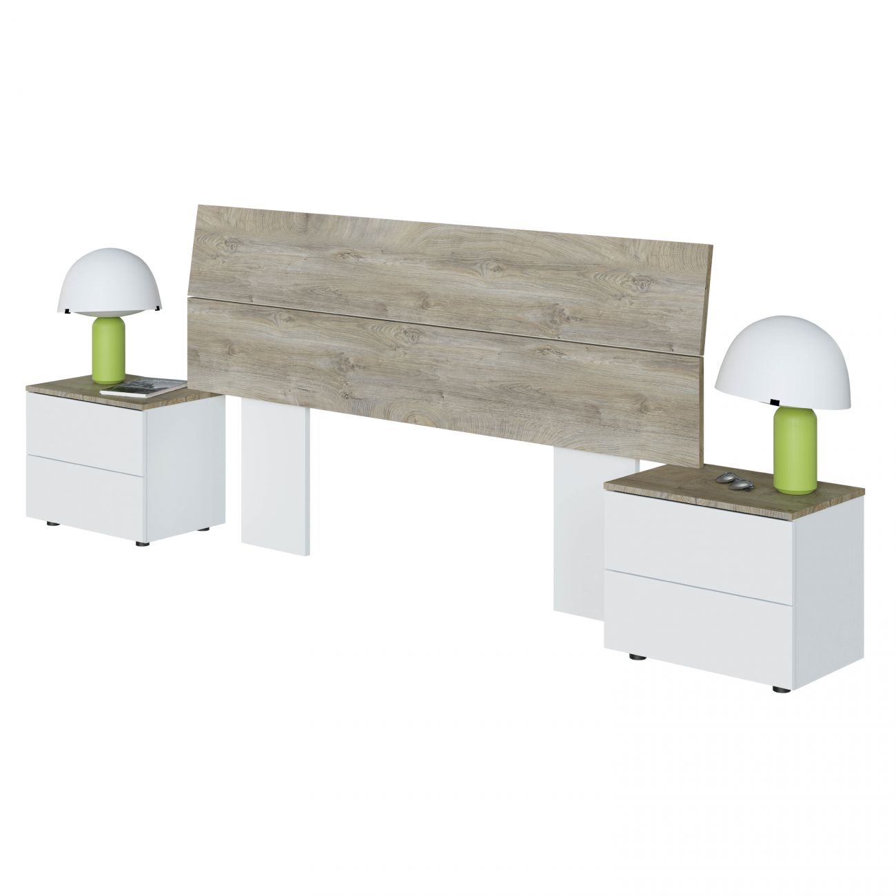 Dos mesitas de noche blancas con tapa de madera, unidas por un cabecero de madera.