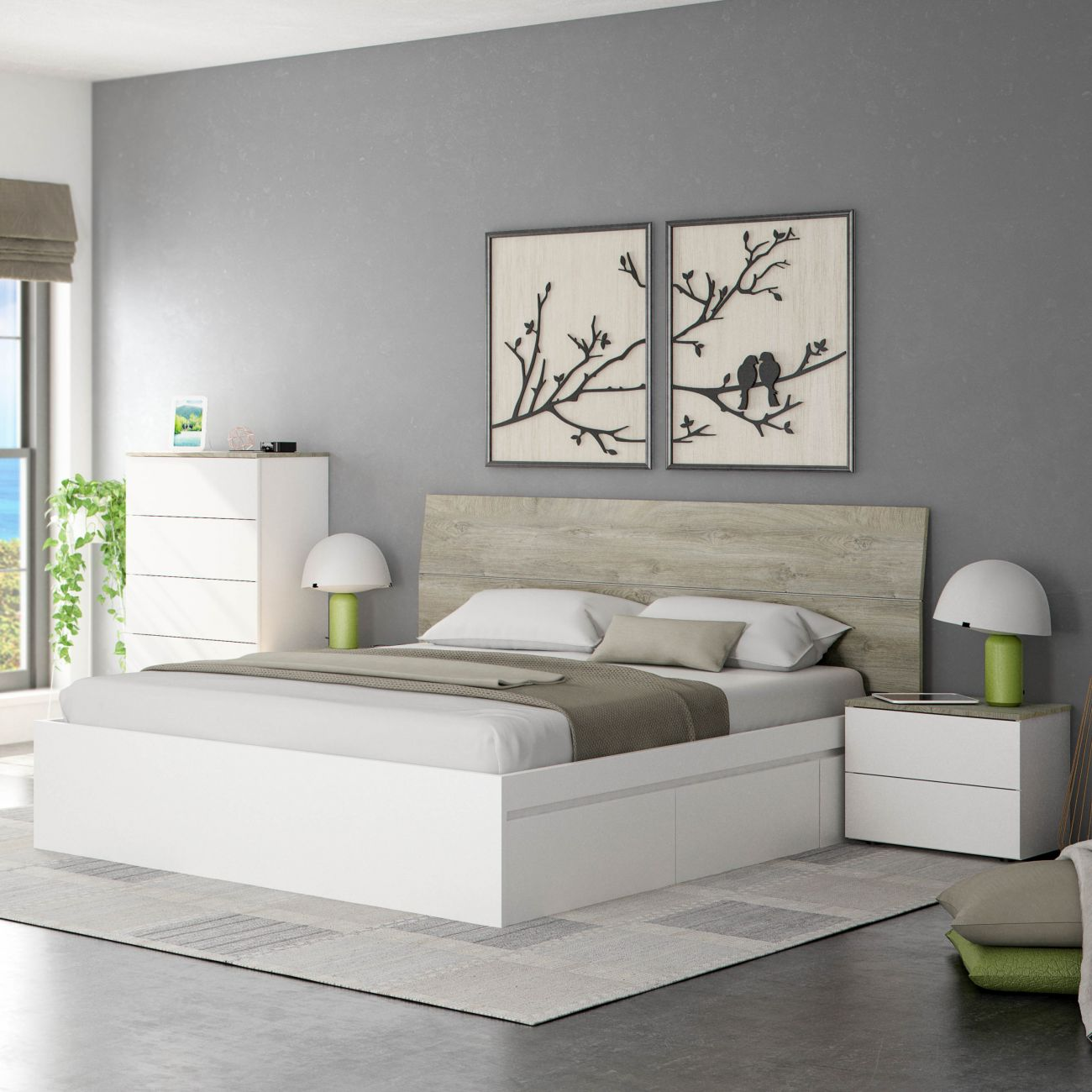 Un dormitorio moderno con cama blanca, mesitas de noche y arte de pared.