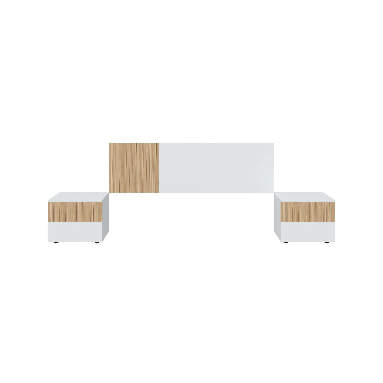Una estantería de pared blanca con detalles de madera y dos mesitas.
