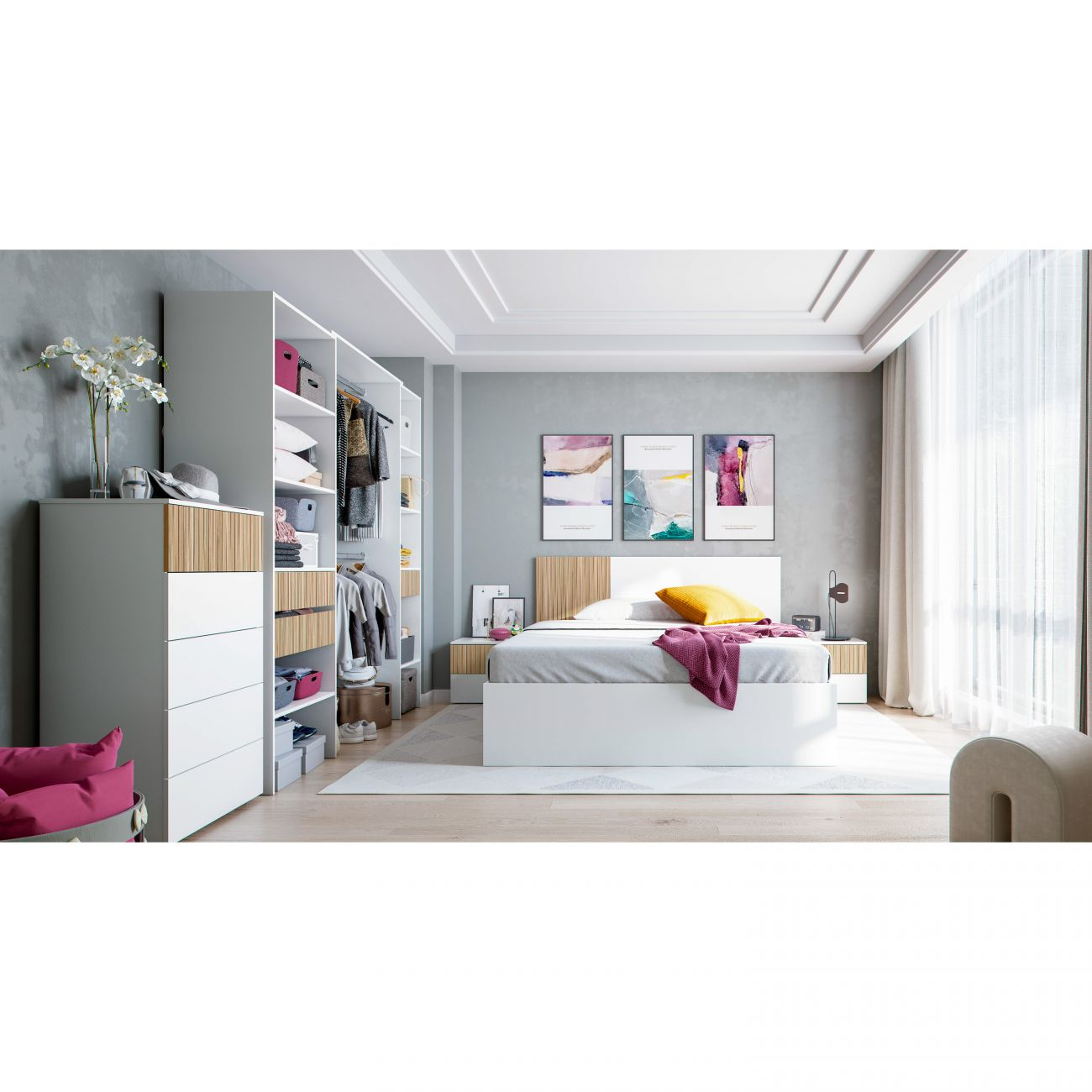 Dormitorio moderno con armario abierto, cama blanca, mesitas y arte.