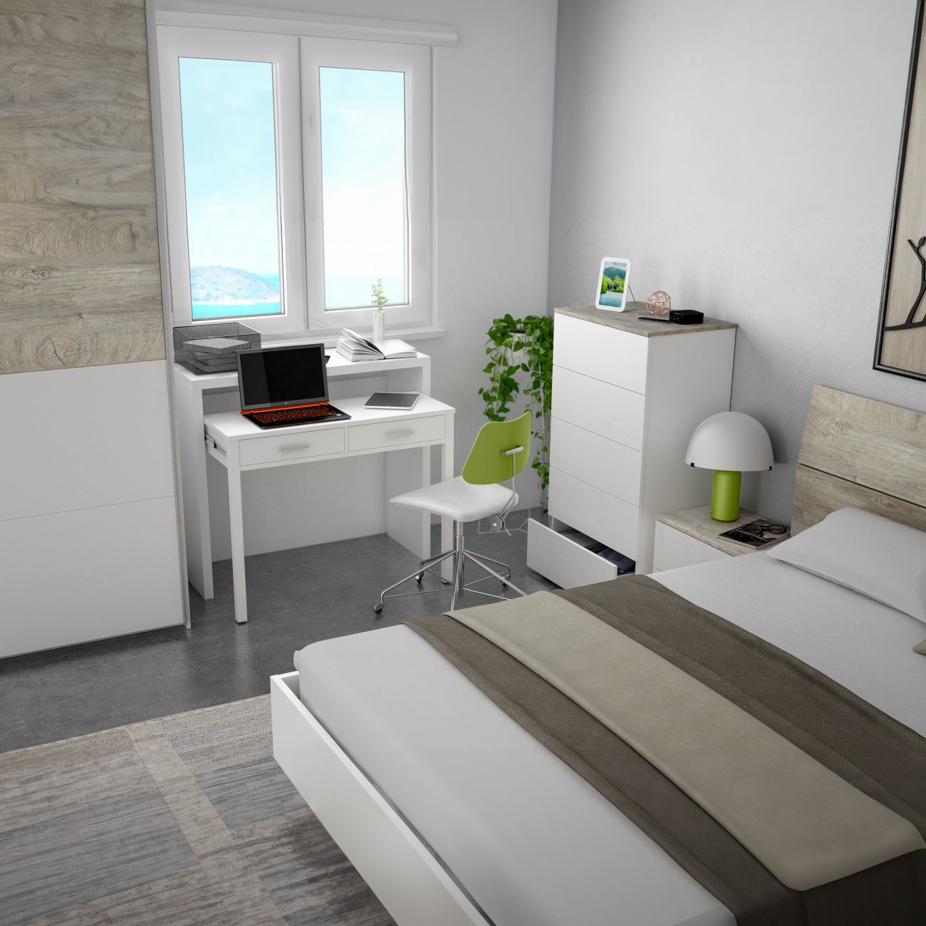 Un dormitorio con escritorio, cama y cómoda con vistas al mar.