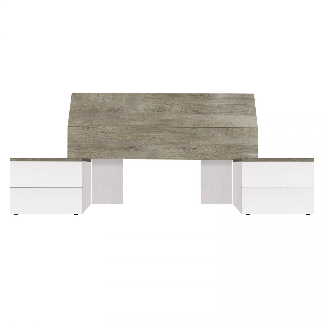 Cabecero de madera con dos mesitas de noche blancas con cajones.
