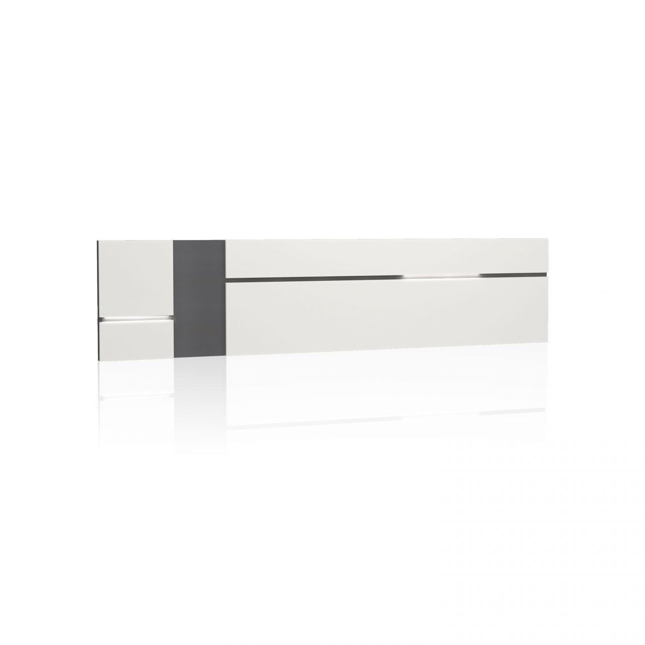 Un mueble blanco con detalles grises y una ranura horizontal.