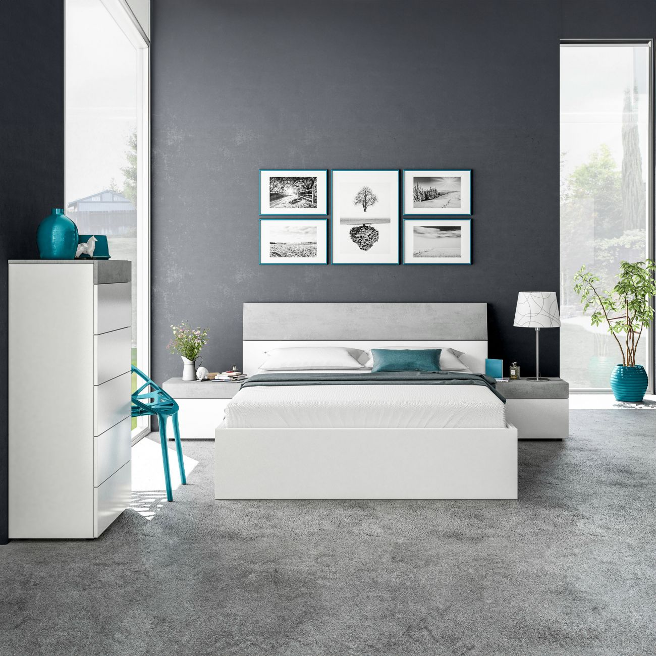 Dormitorio moderno con cama blanca, paredes grises, detalles azules y grandes ventanas.