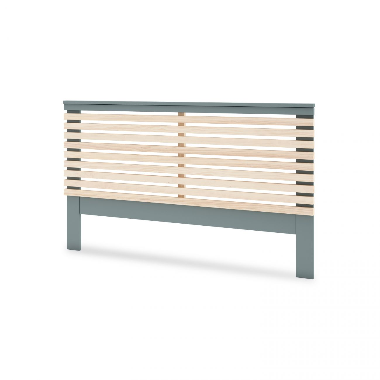 Un cabecero gris con listones de madera.
