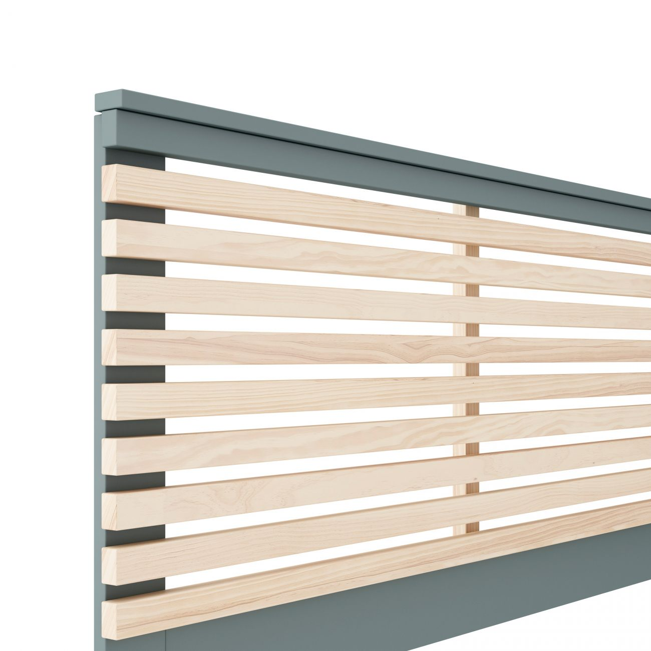 Marco de cama gris con base de listones de madera clara.