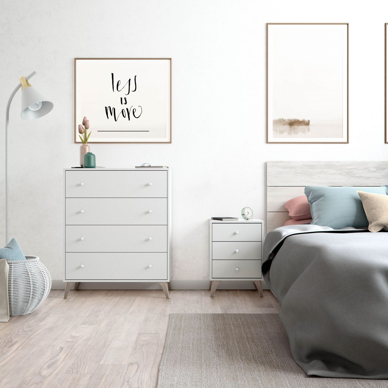 Un dormitorio moderno con cómoda, mesita de noche y cama blancas.