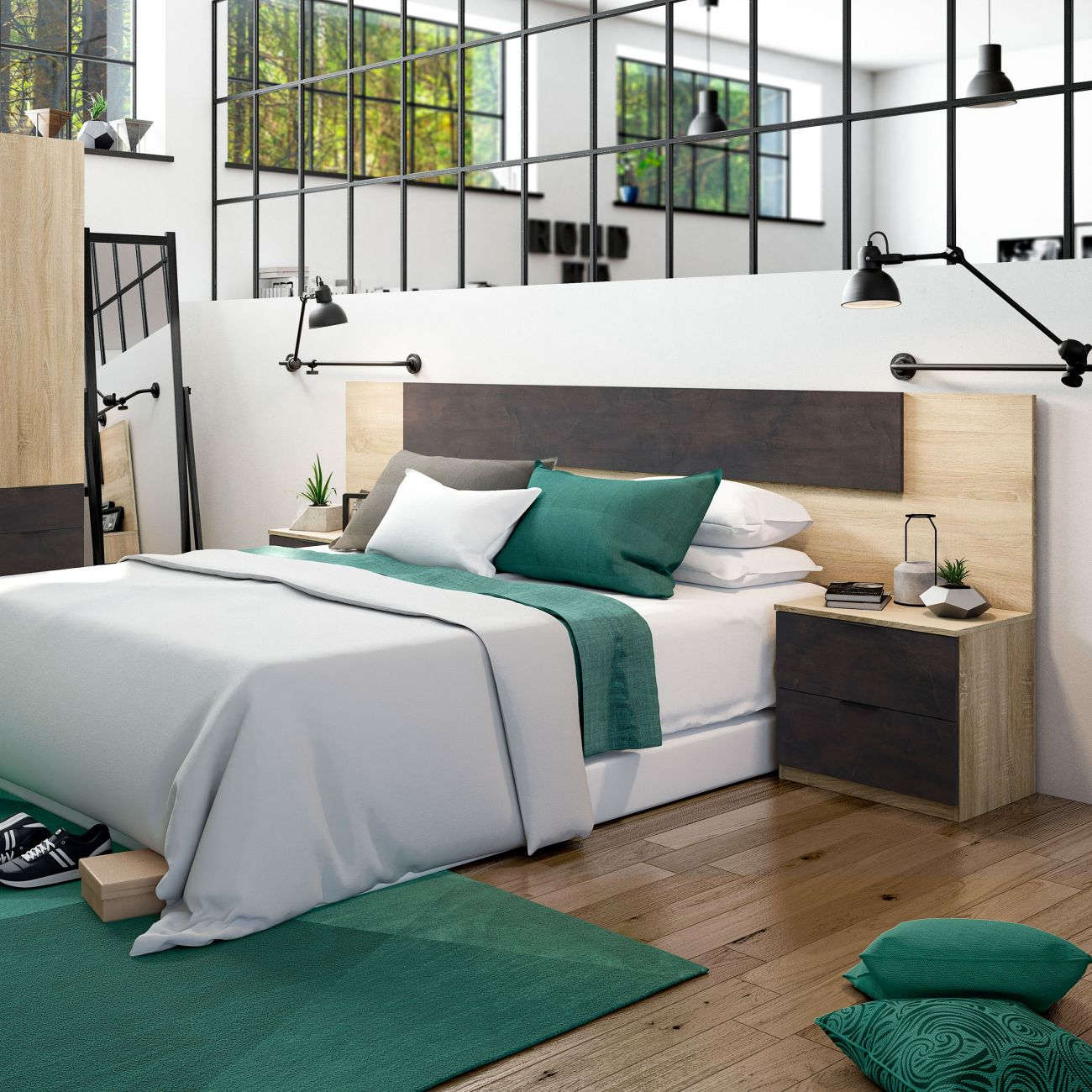 Dormitorio moderno con cama grande, cabecero de madera y detalles verdes. Grandes ventanales con vistas al bosque.