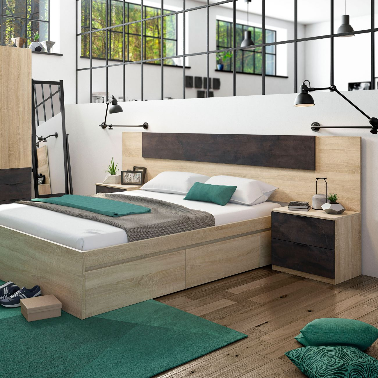 Cama de madera con manta teal, espejo y mesita de noche. Diseño industrial.
