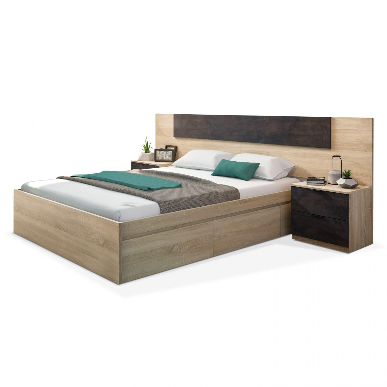 Una cama moderna con dos mesitas de noche, ropa de cama y acentos verdes.