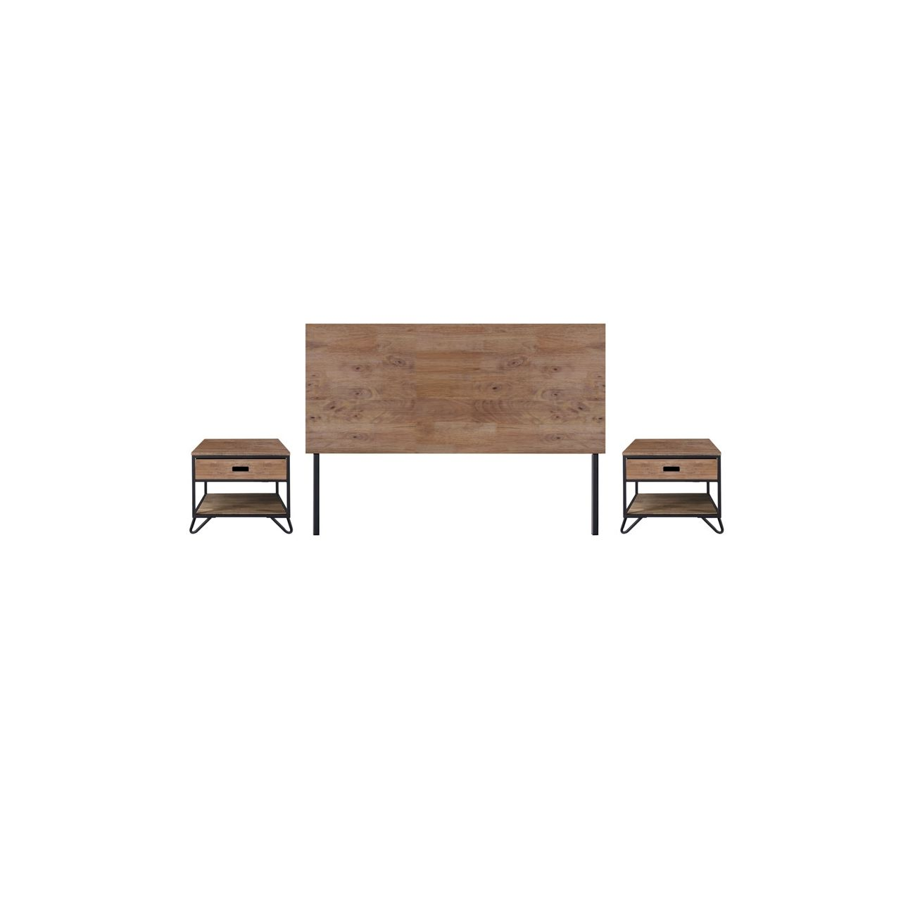 Cabecero de madera con dos mesitas de noche de madera y metal.
