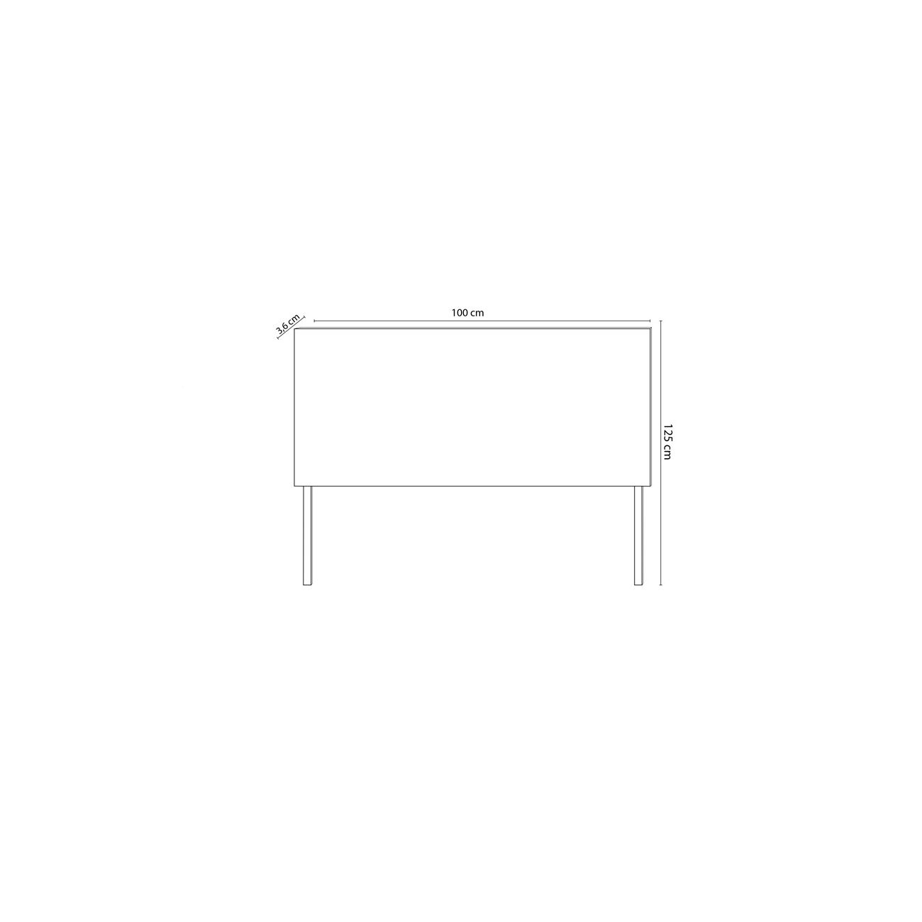 Dibujo técnico de un cabecero con dimensiones: 100 cm de ancho, 125 cm de alto, 3,6 cm de fondo.