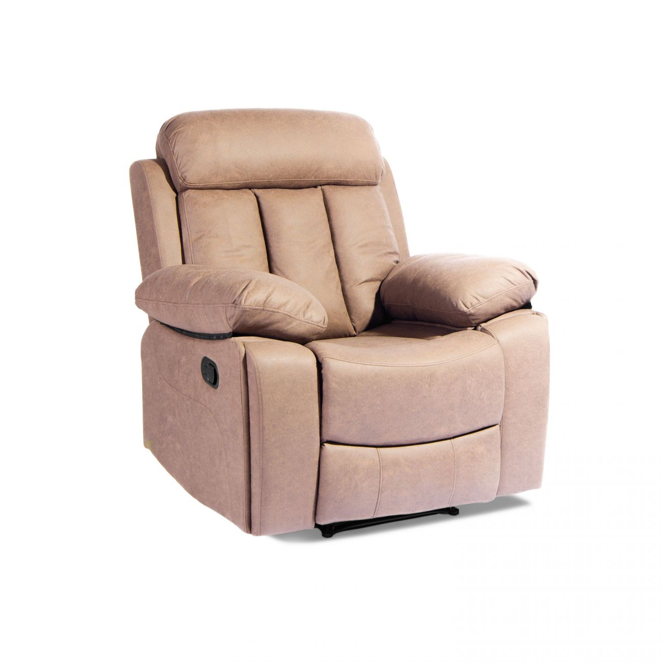 Un sillón reclinable beige con brazos acolchados y reposacabezas.
