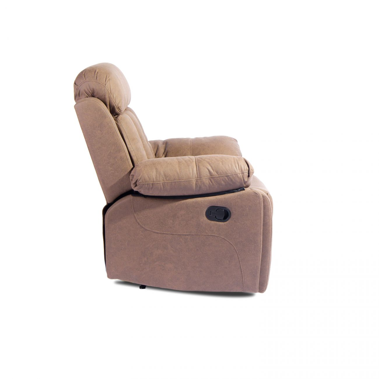 Un sillón reclinable marrón visto de lado, con palanca de tiro.