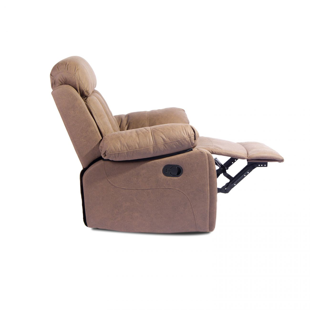 Un sillón reclinable marrón con reposapiés extendido, visto de lado.
