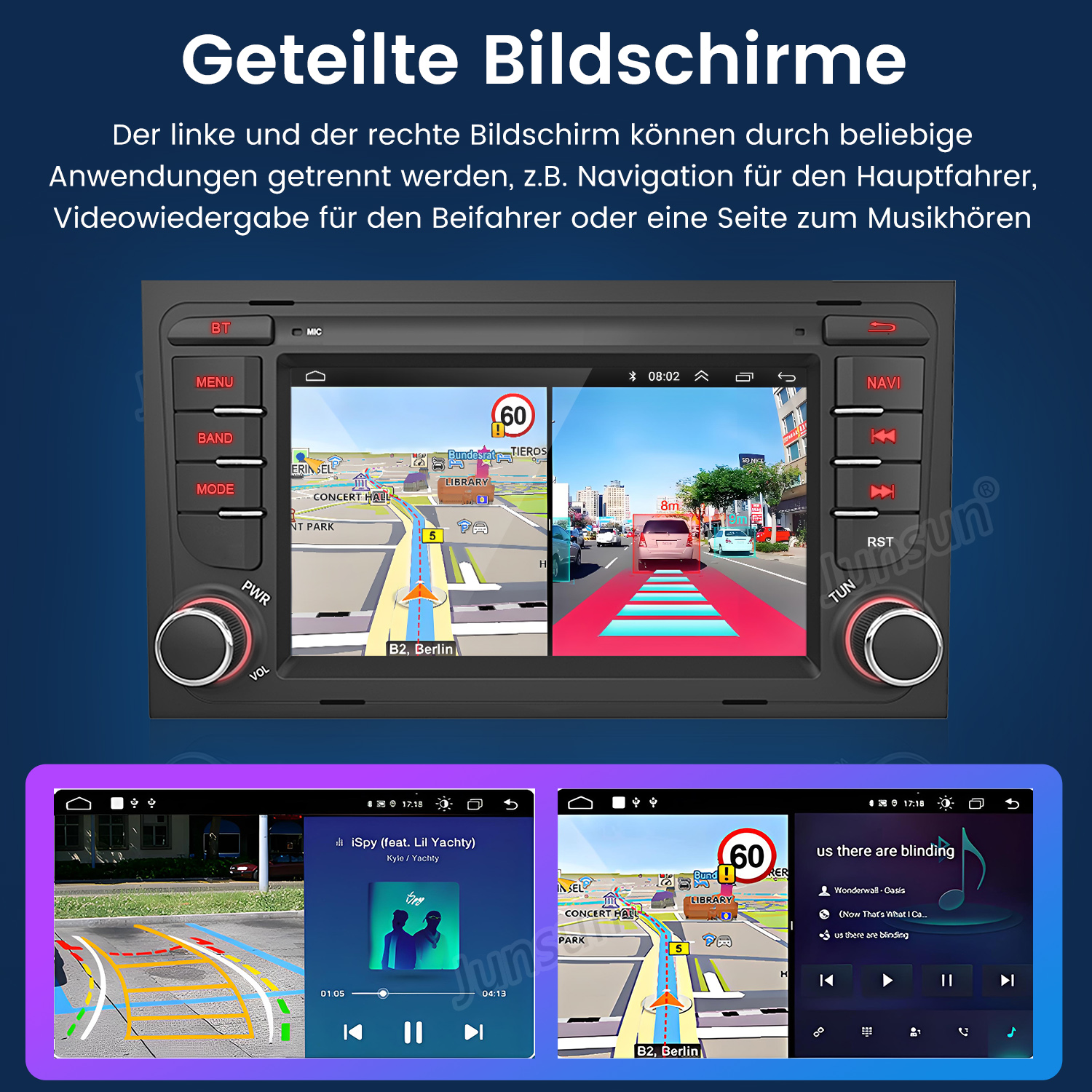 Das Autoradio zeigt zwei Bildschirme: Navigation und Musikwiedergabe.