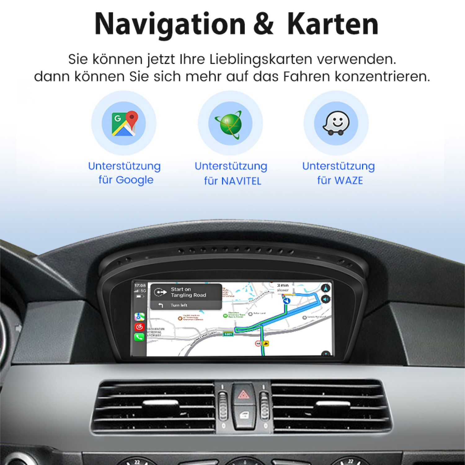 Navigationsbildschirm im Auto mit Google, Navitel und Waze Icons.
