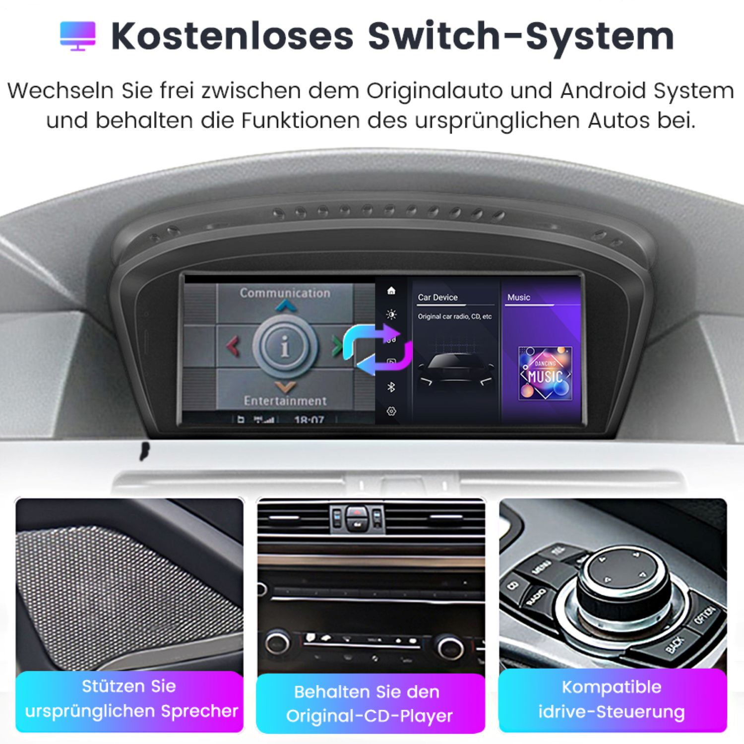 Bildschirm zeigt Auto-Infotainmentsystem mit Navigation, Musik und Kommunikationsoptionen.