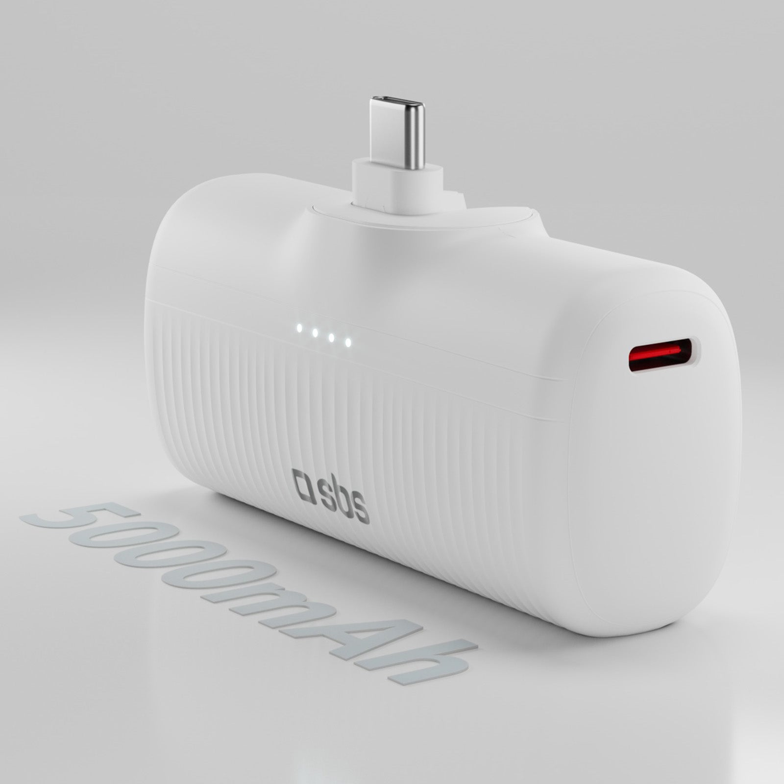 Biały powerbank z wtyczką USB-C i wskaźnikiem ładowania.