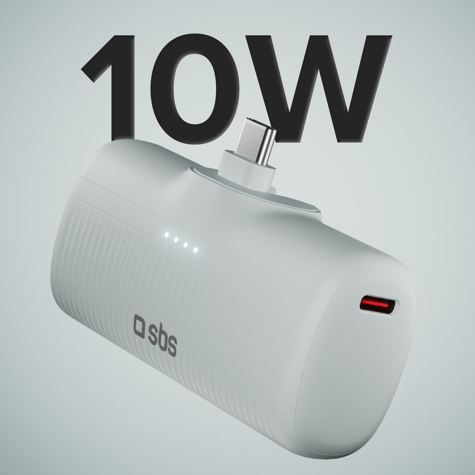 Un power bank SBS bianco con connettore USB-C e etichetta 10W.