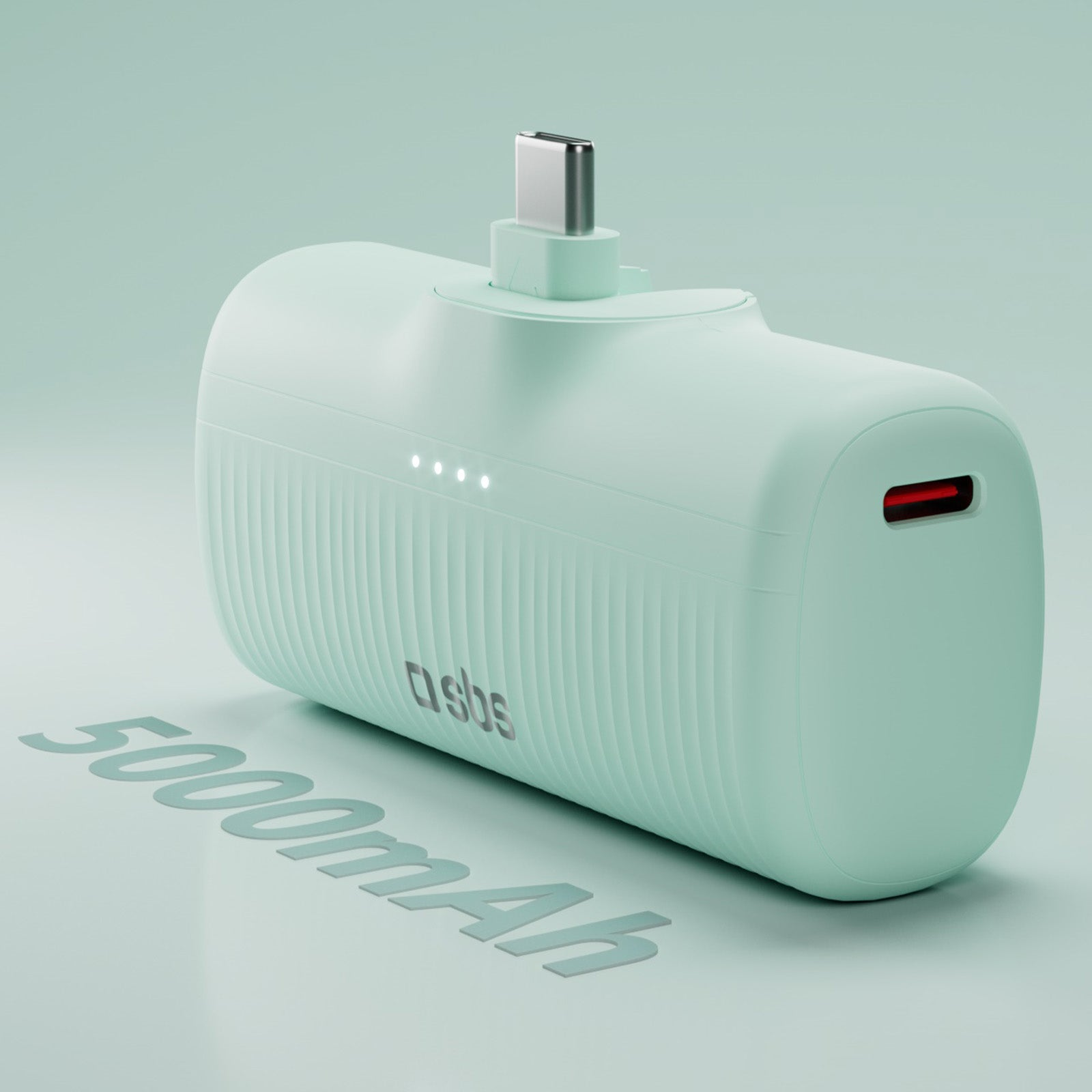 Miętowa zielona powerbank z portem USB-C i czterema wskaźnikami ładowania.