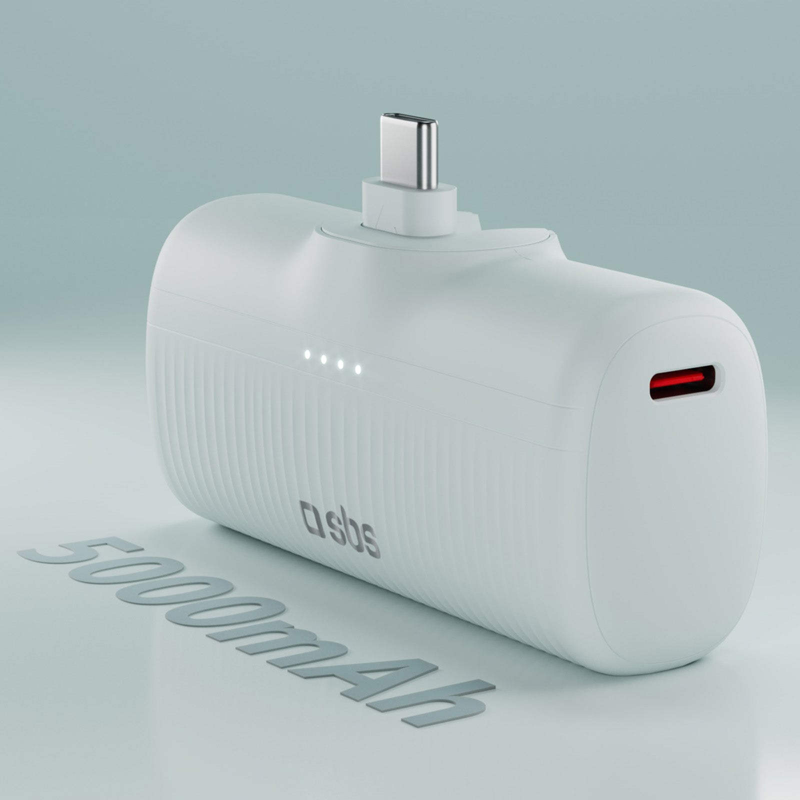 Un power bank USB-C bianco da 5000 mAh con spie luminose e porta di ricarica rossa.