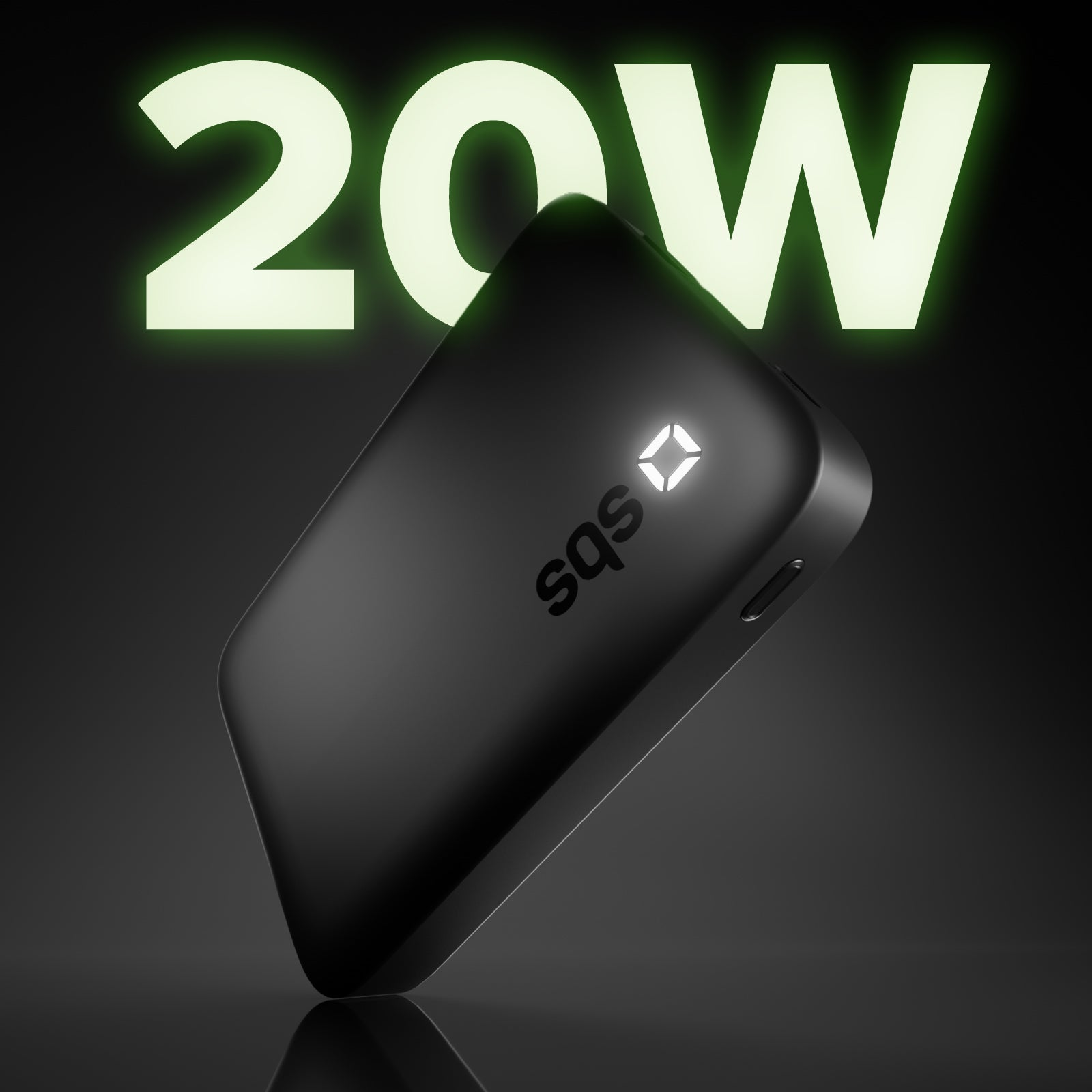 Caricatore nero con logo 20W luminoso su sfondo scuro.