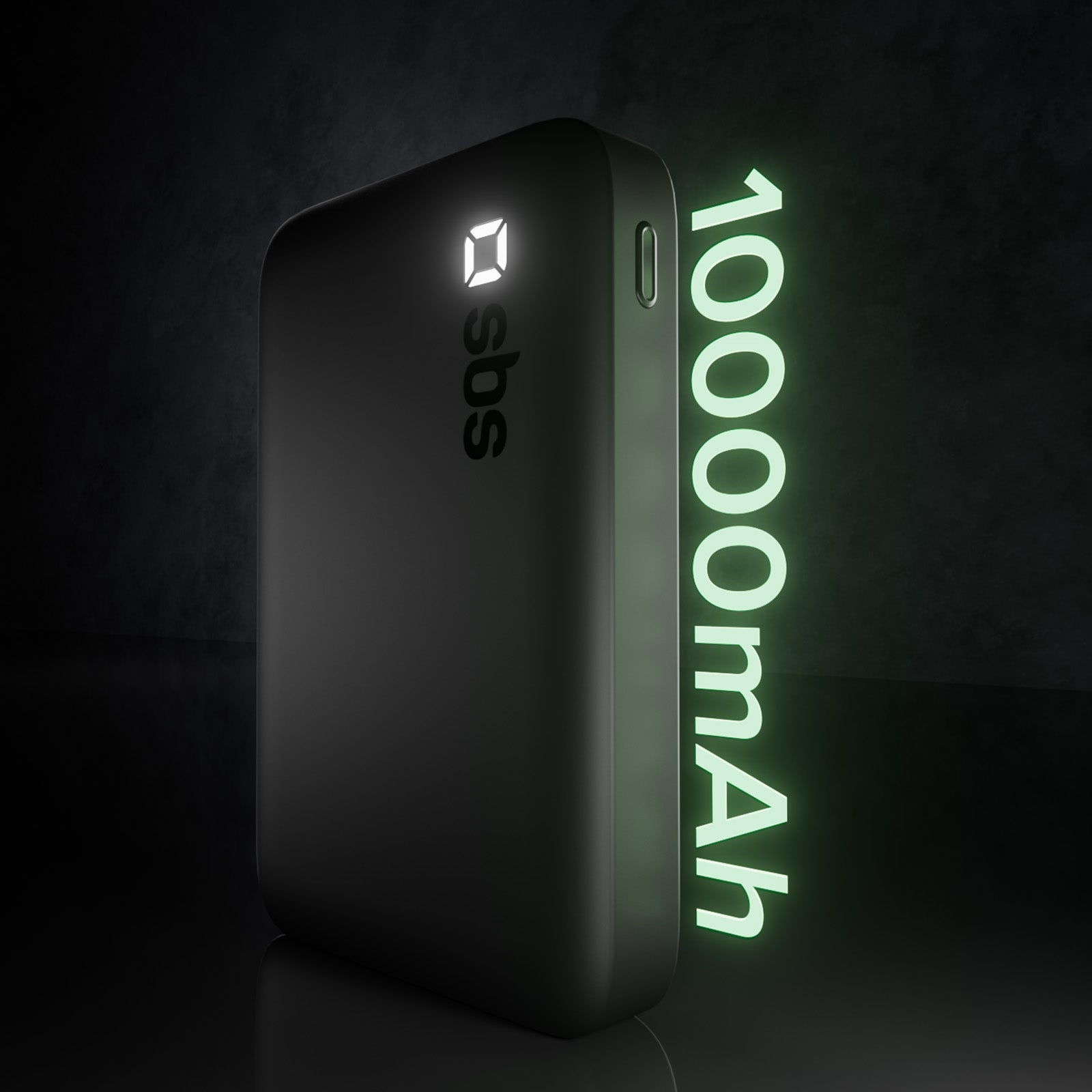 Power bank nero da 10000mAh con logo SBS su sfondo scuro.