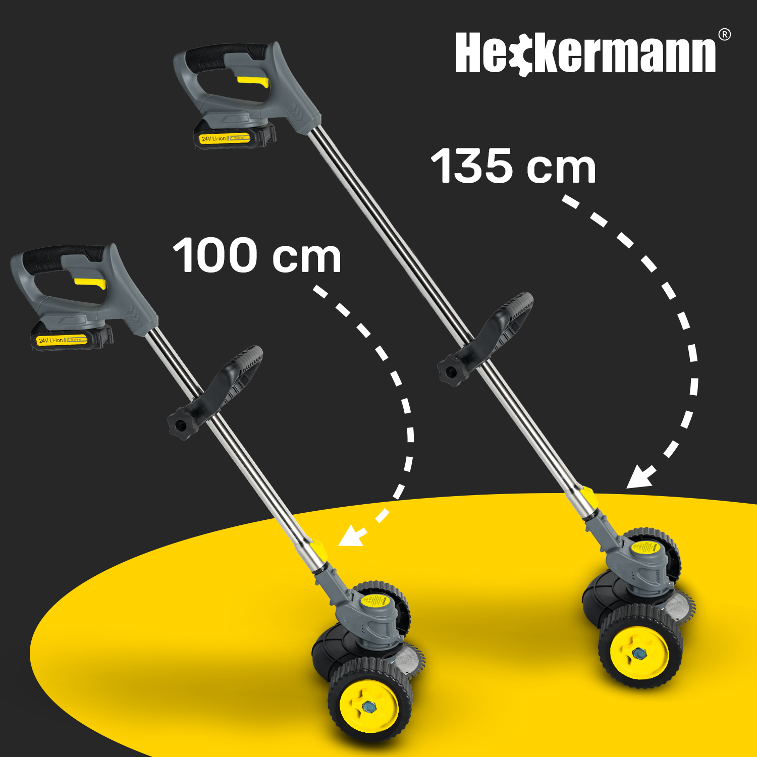 Dwa trymer do trawy Heckermann w różnych rozmiarach, 100 cm i 135 cm.
