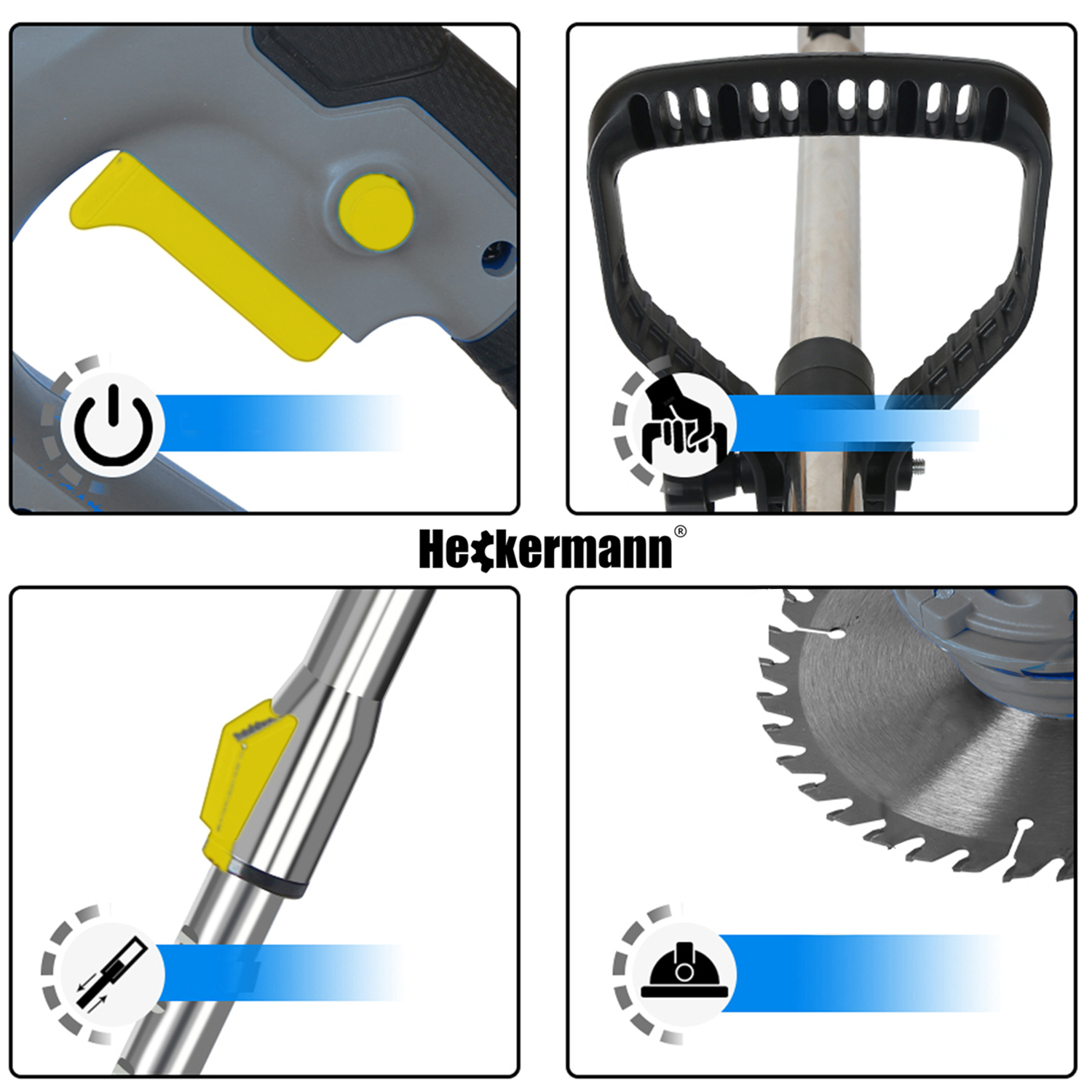 Zbliżenia piły Heckermann: spust, przycisk, ostrze i uchwyt.