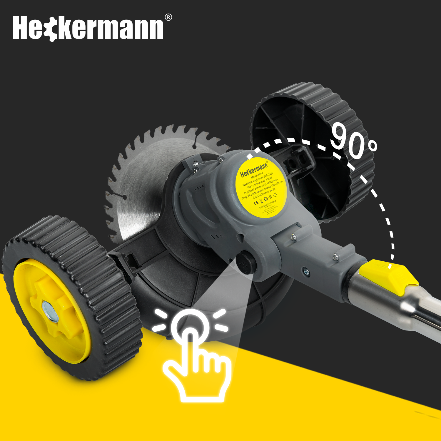 Urządzenie Heckermann z tarczą, kołami i oznaczeniem 90°.