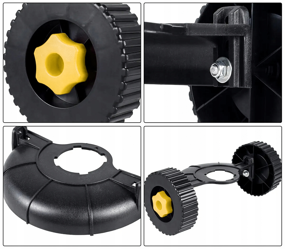 Zbliżenie czarnych kół z żółtymi gałkami w kształcie gwiazdy i metalową śrubą.