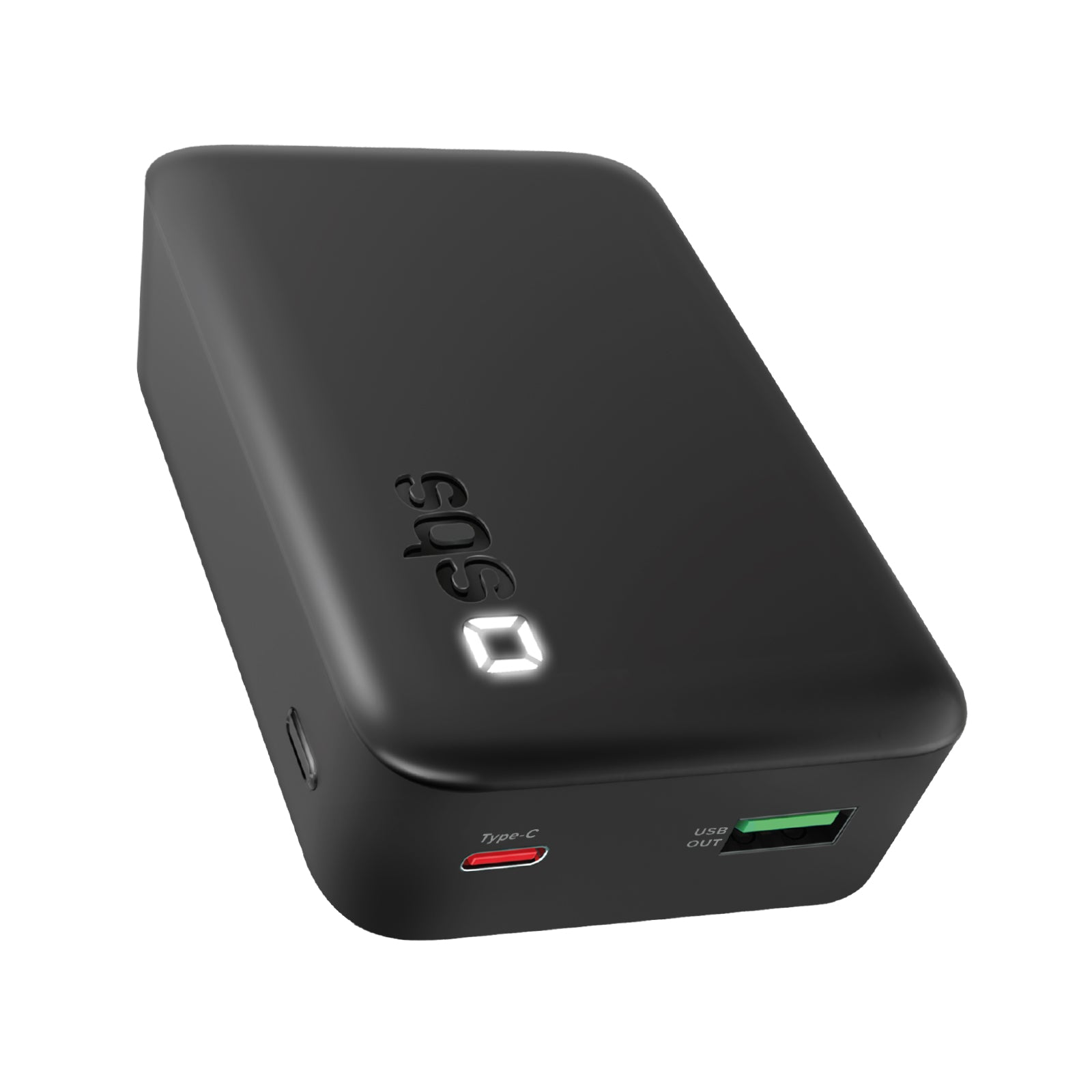 Power bank nero con logo SBS e porte USB.