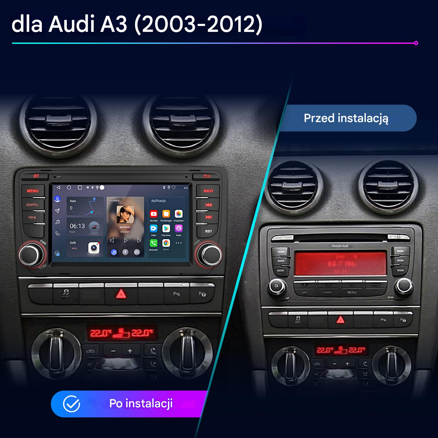 Porównanie dwóch systemów radiowych Audi A3: przed i po instalacji.