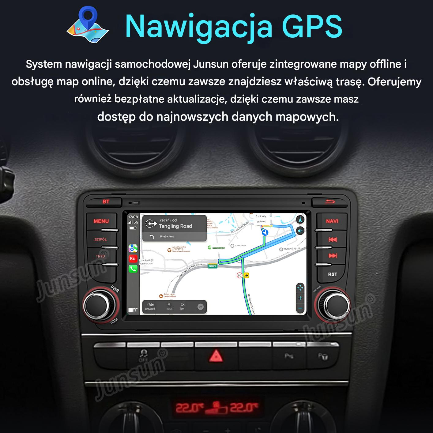 Samochodowy system nawigacji z mapą GPS wyświetla trasę.