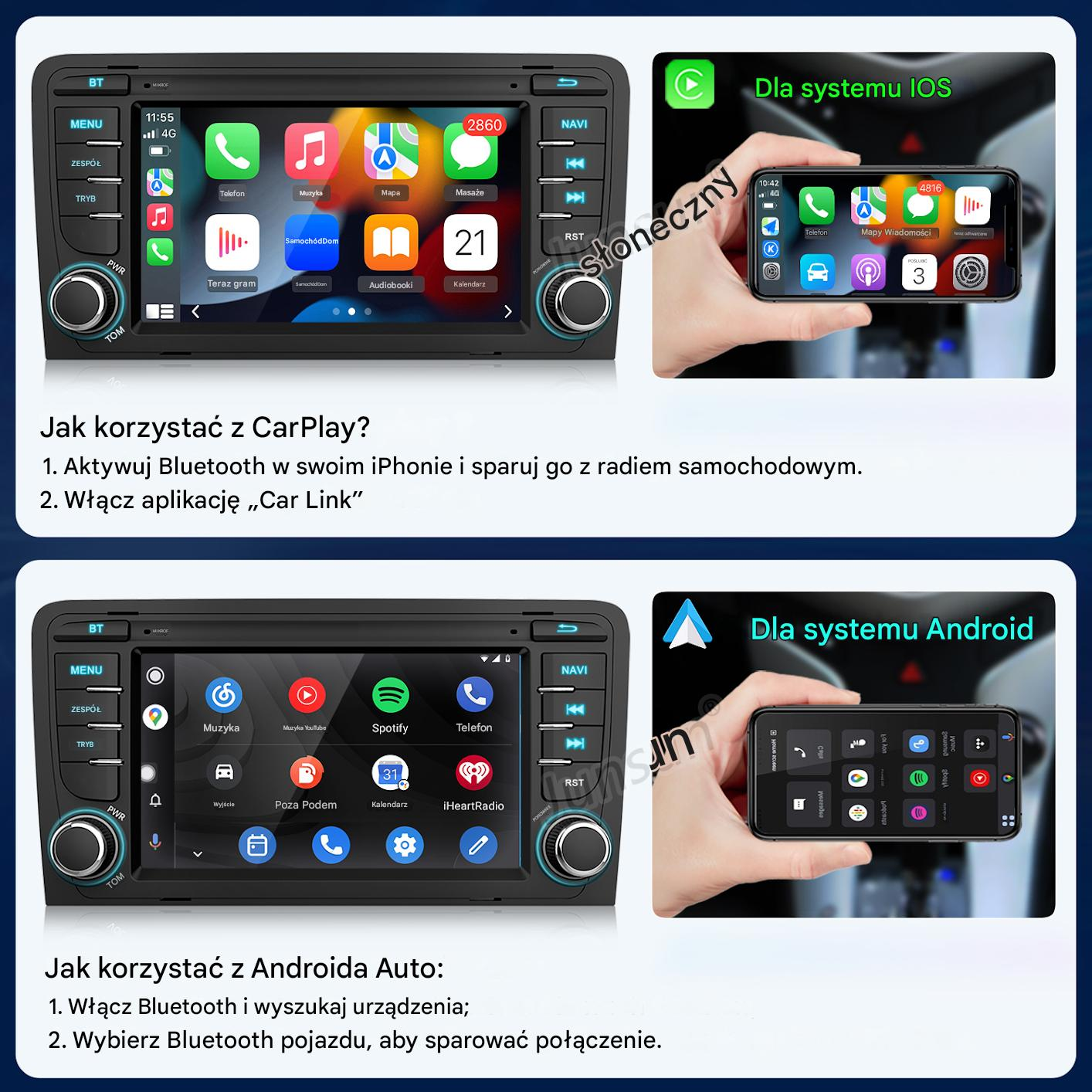Interfejs CarPlay na ekranie samochodu i wyświetlaczu iPhone. Ikony Telefon, Muzyka, Mapy.