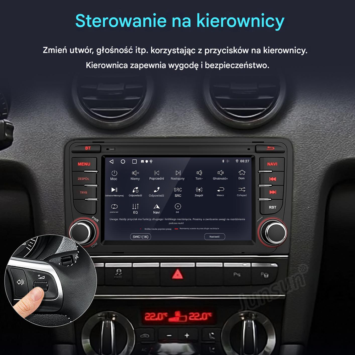 Sterowanie kierownicą samochodu z ekranem dotykowym i przyciskami.