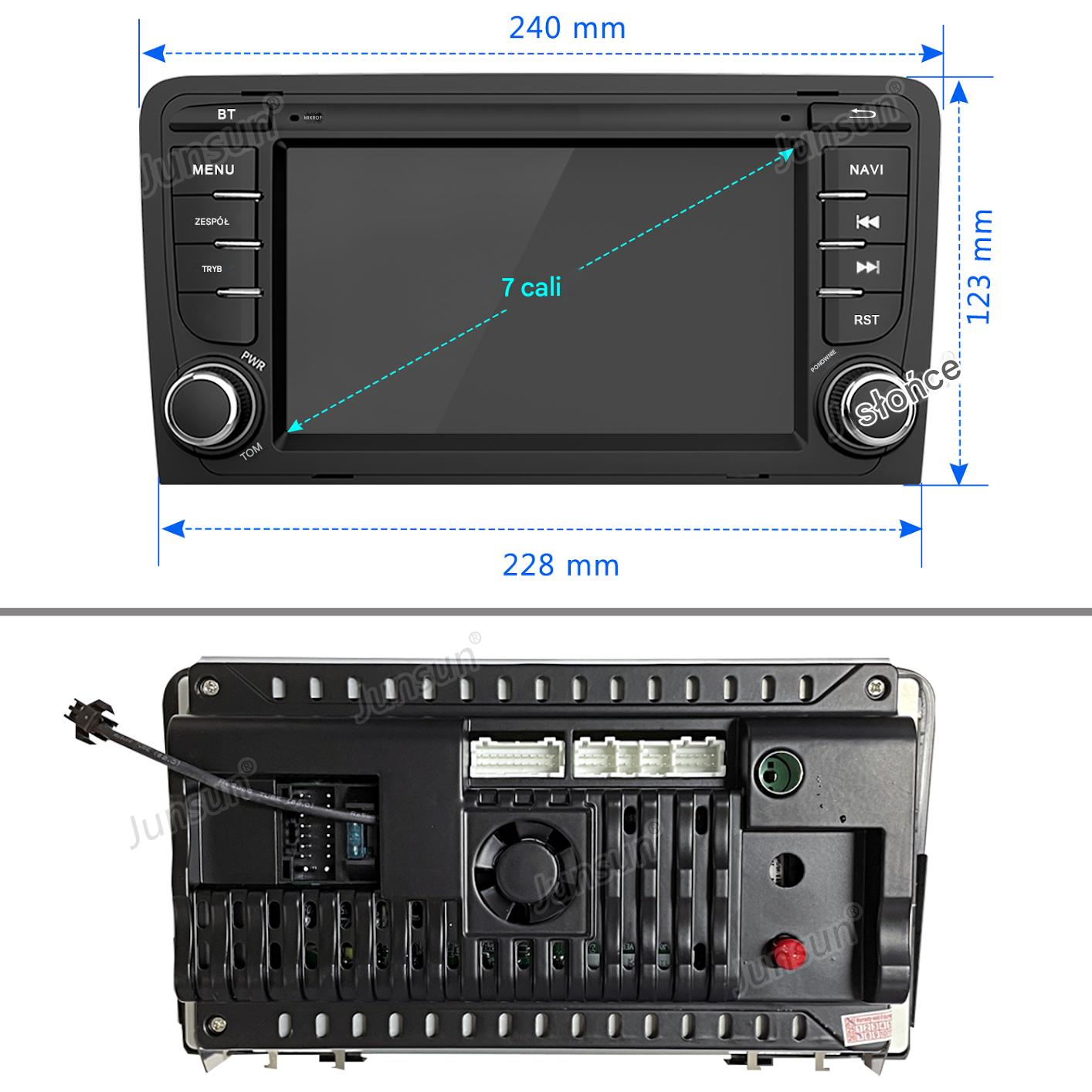 System infotainmentu samochodowego: Przód z ekranem, przyciskami i pokrętłem. Tył z portami.
