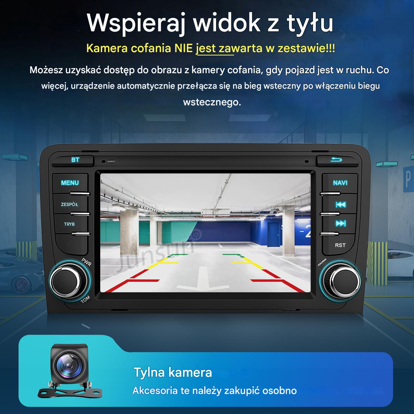 Radio samochodowe wyświetla obraz z kamery cofania z parkingu.