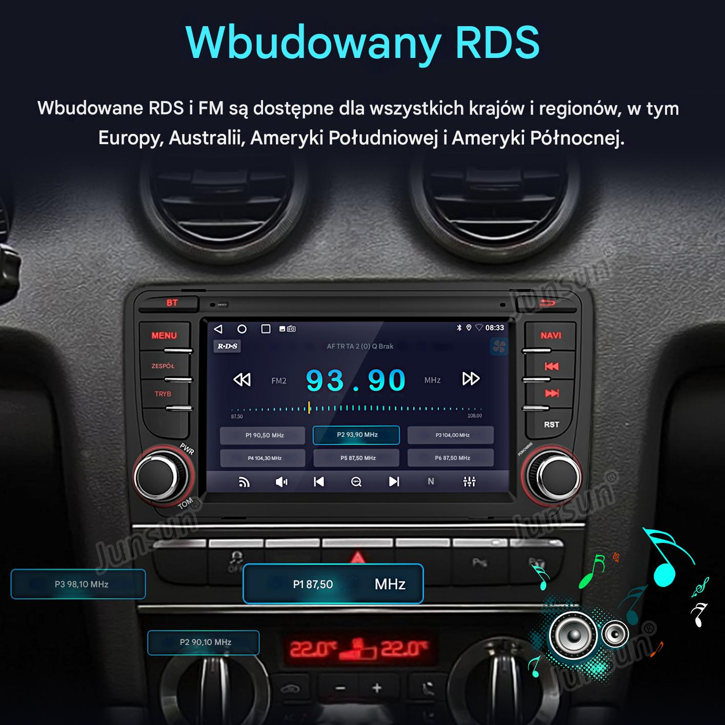 Radio samochodowe z RDS i FM wyświetla 93.90 MHz. Widoczne są zaprogramowane częstotliwości.