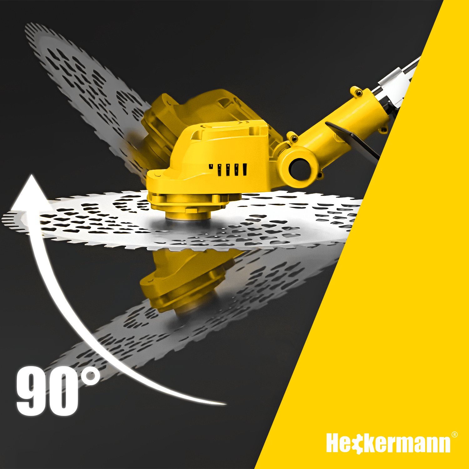 Żółta jednostka urządzenia Heckermann z obrotowymi ostrzami i oznaczeniem 90°.