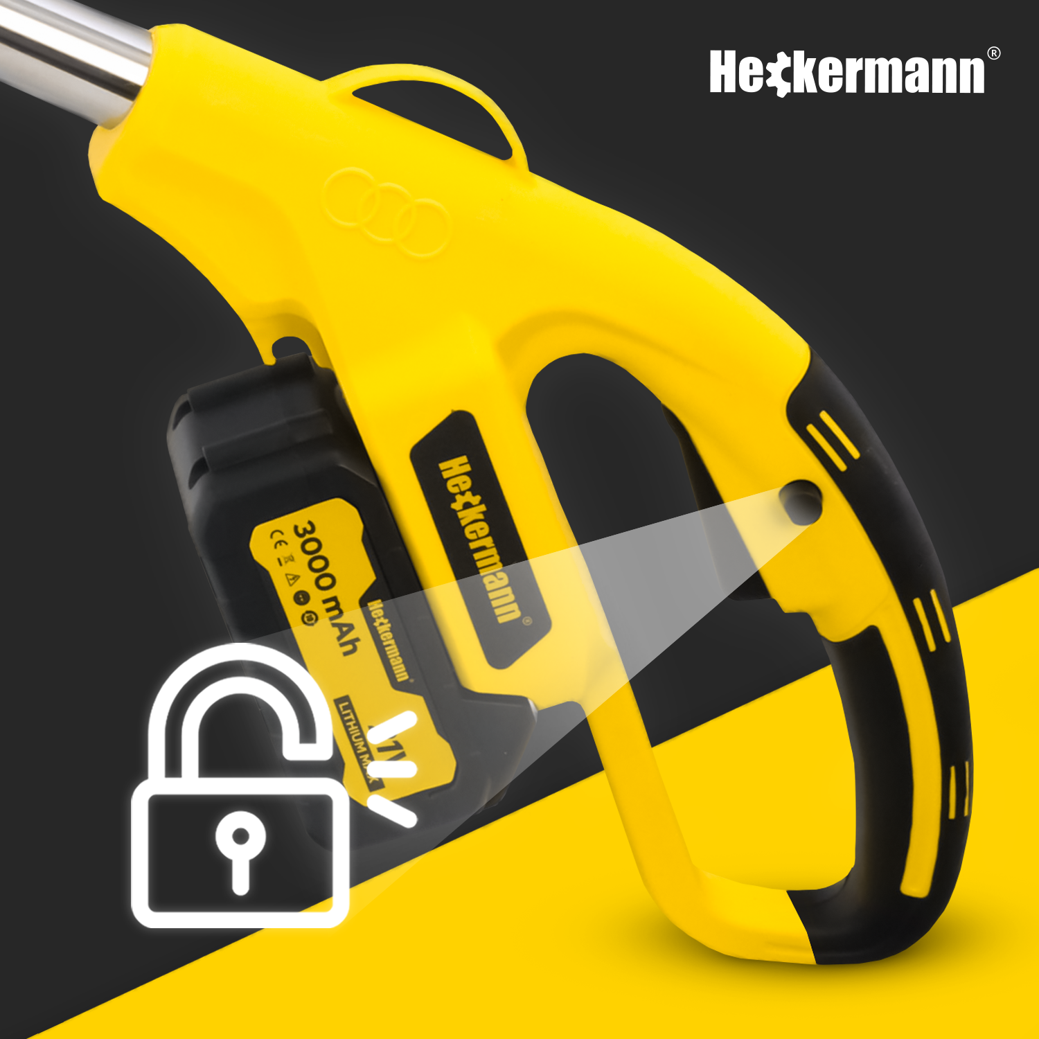 Żółte elektronarzędzie z baterią i grafiką otwartej kłódki.
