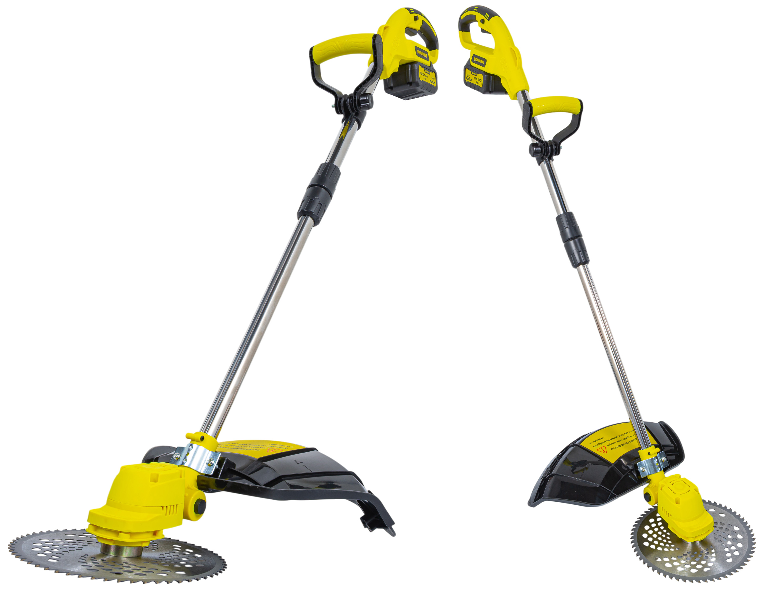 Dwa żółte podkaszarki z metalowymi ostrzami i akumulatorami na białym tle.