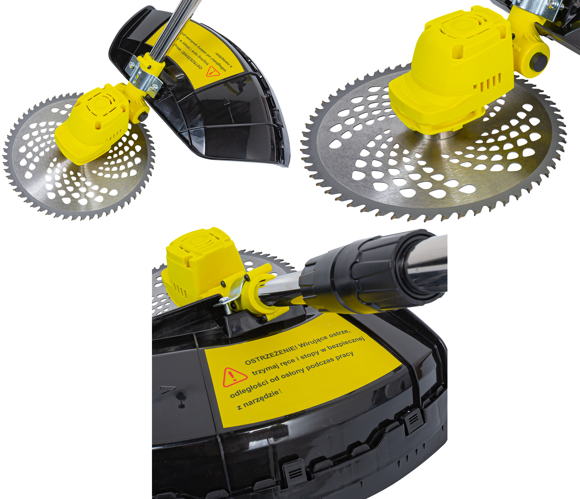 Żółta głowica podkaszarki z metalową ostrzem i osłoną.