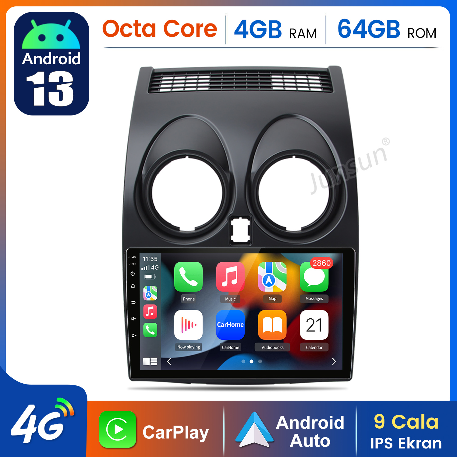Radio samochodowe Android 13 z Octa Core, 4GB RAM, 64GB ROM, CarPlay i Android Auto.