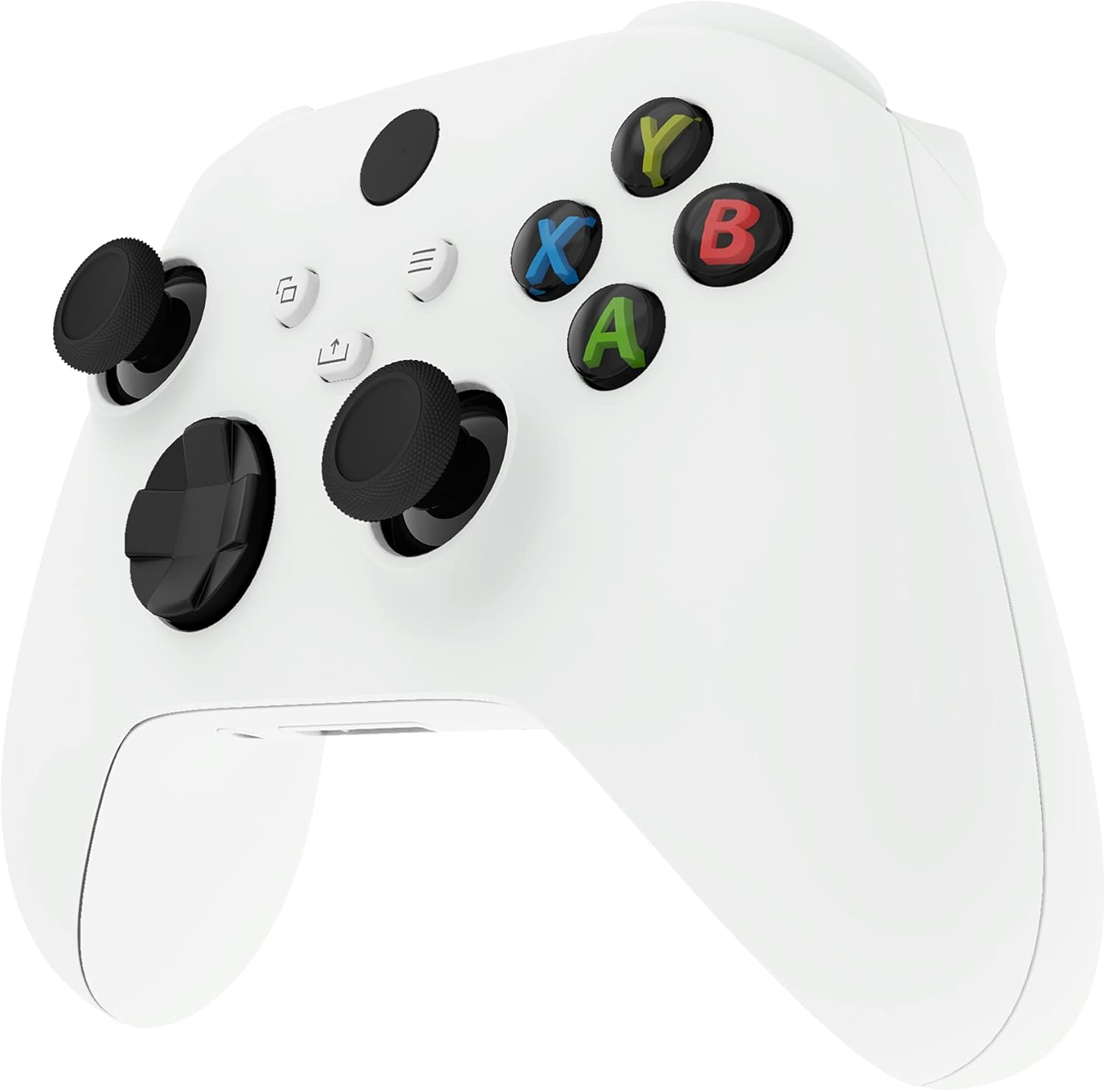 Ein weißer Controller mit schwarzen Joysticks und farbigen Tasten.