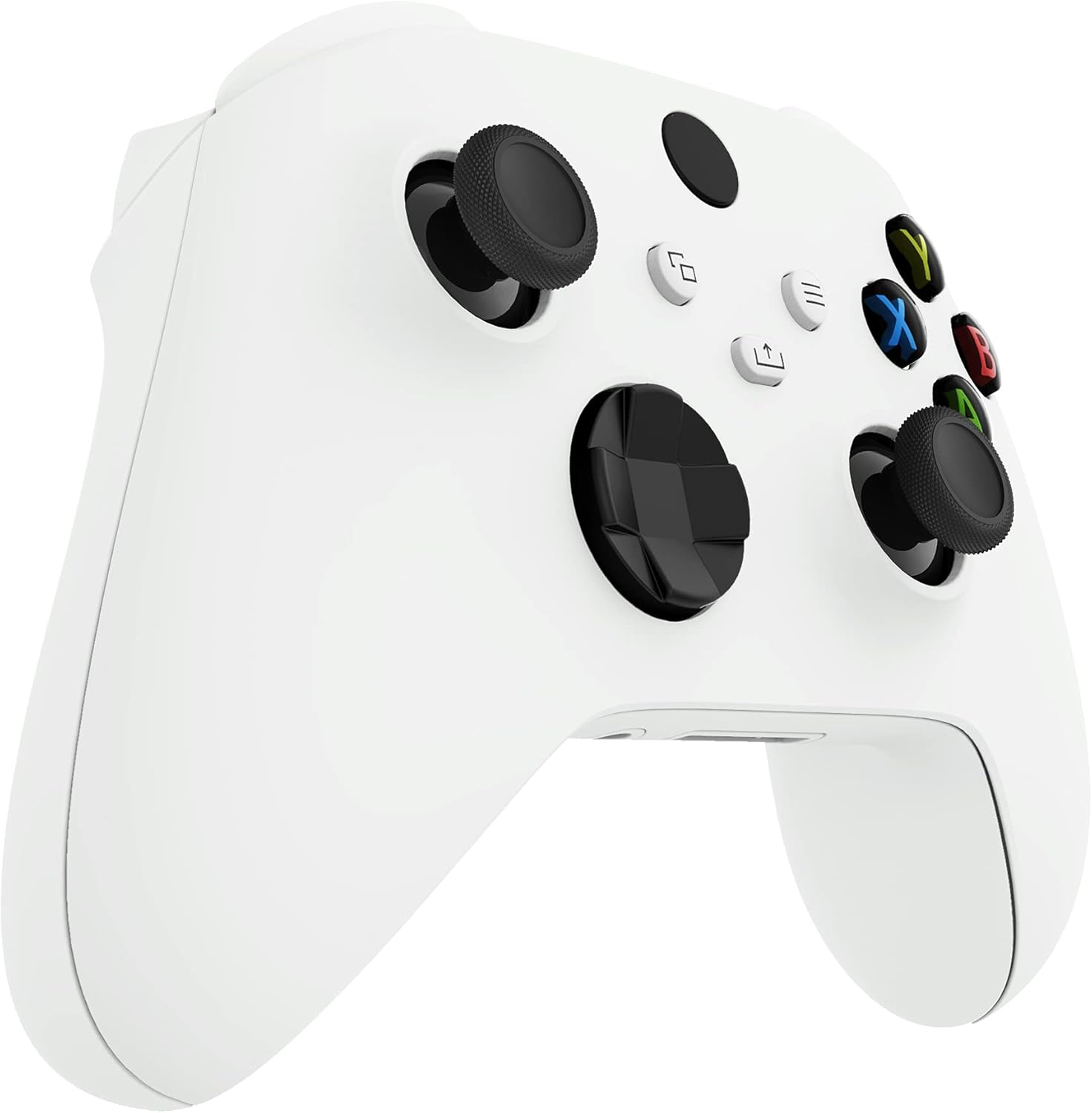 Ein weißer Gamecontroller mit schwarzen Bedienelementen und farbigen Tasten.