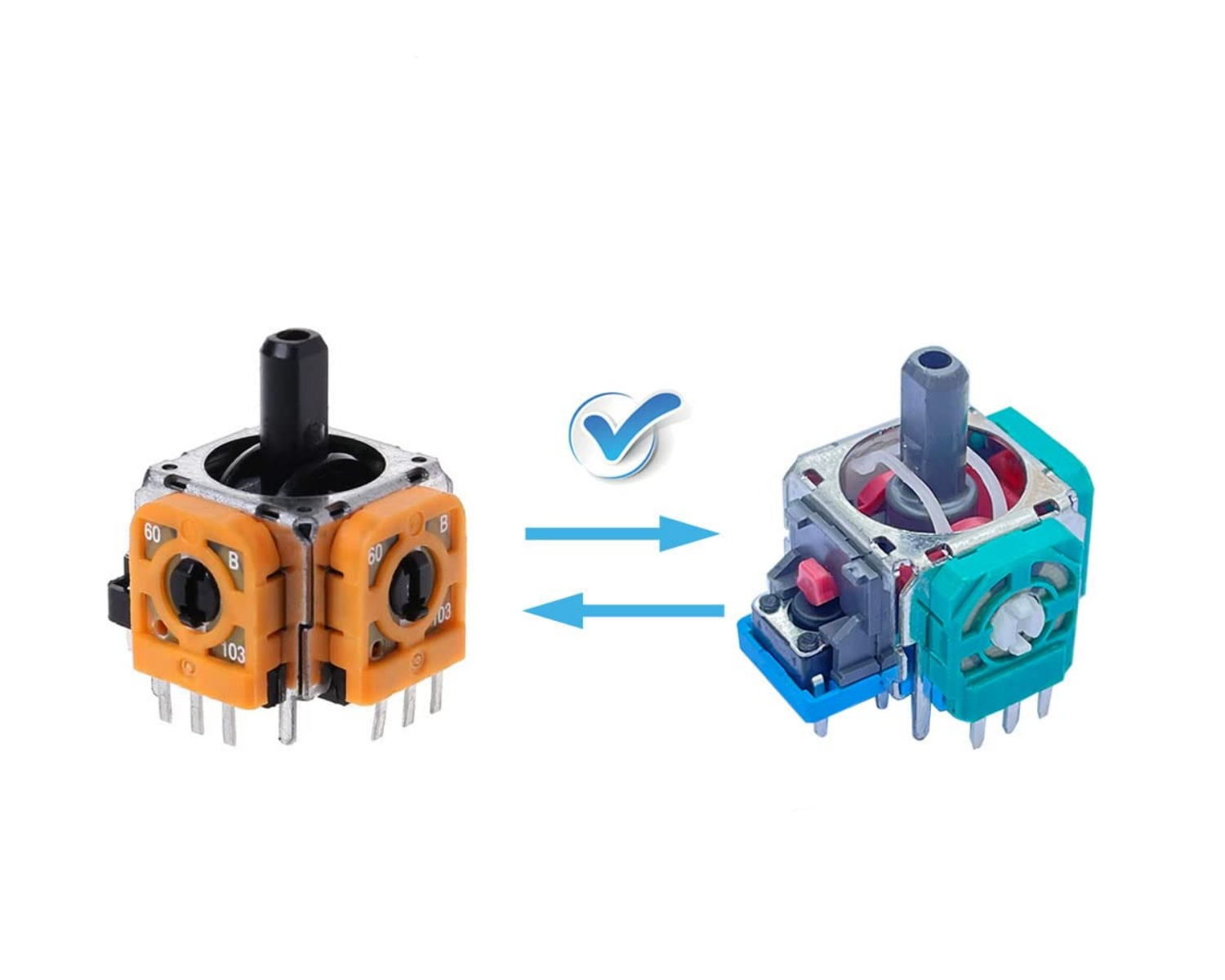 Zwei analoge Joysticks, einer orange, einer türkis, mit Pfeilen verbunden.